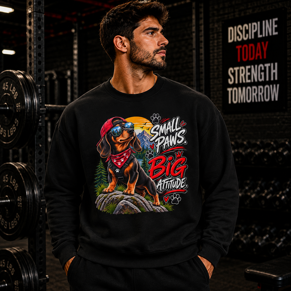 A man wearing a black crewneck sweatshirt printed with a dachshund wearing sunglasses and a bandana, next to the text 'Small Paws Big Attitude', standing in a dark gym with weights and a 'Discipline Today, Strength Tomorrow' sign.