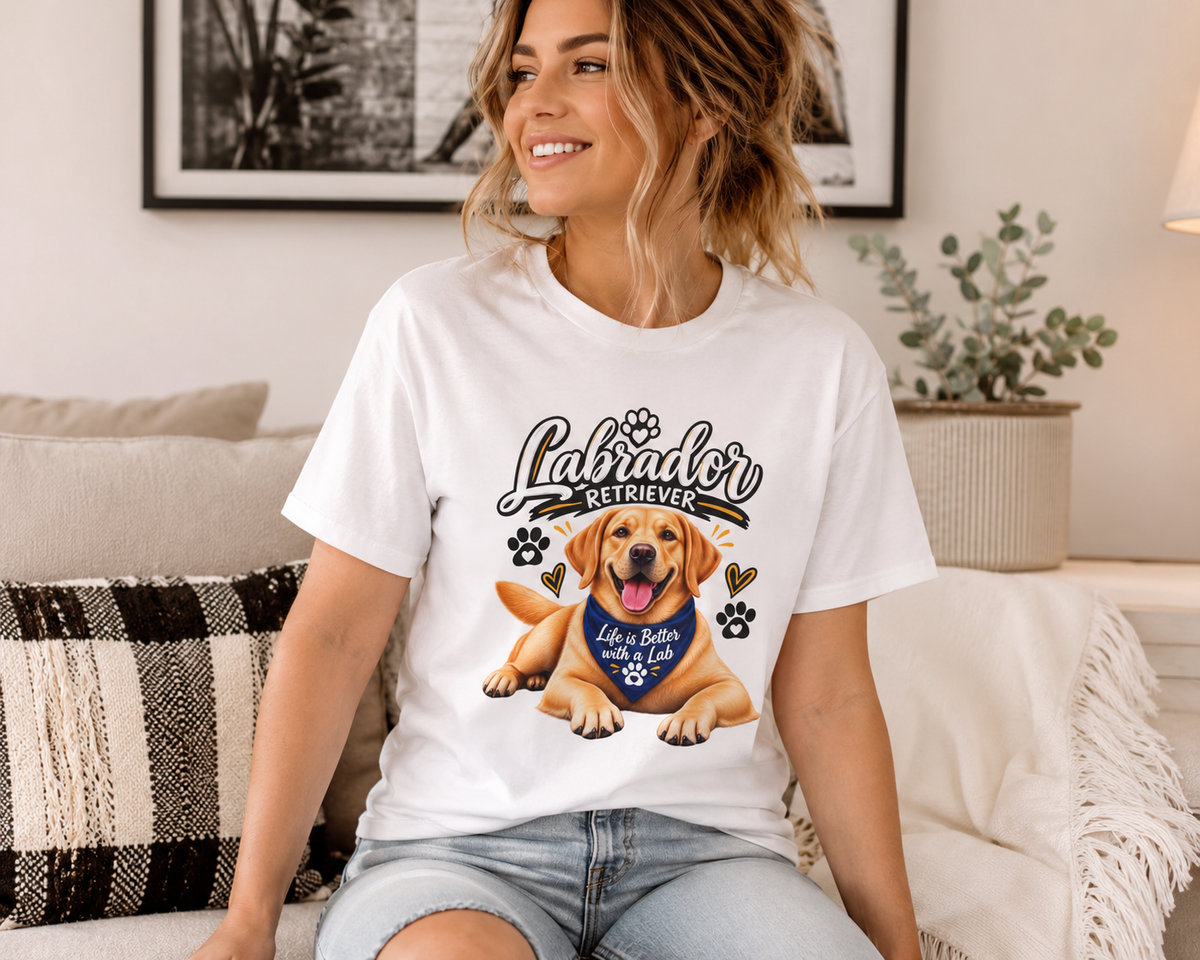 A woman sitting on a couch wearing a white graphic t-shirt with a Labrador Retriever illustration and the text 'Labrador Retriever' and 'I love a better dog than mine'.