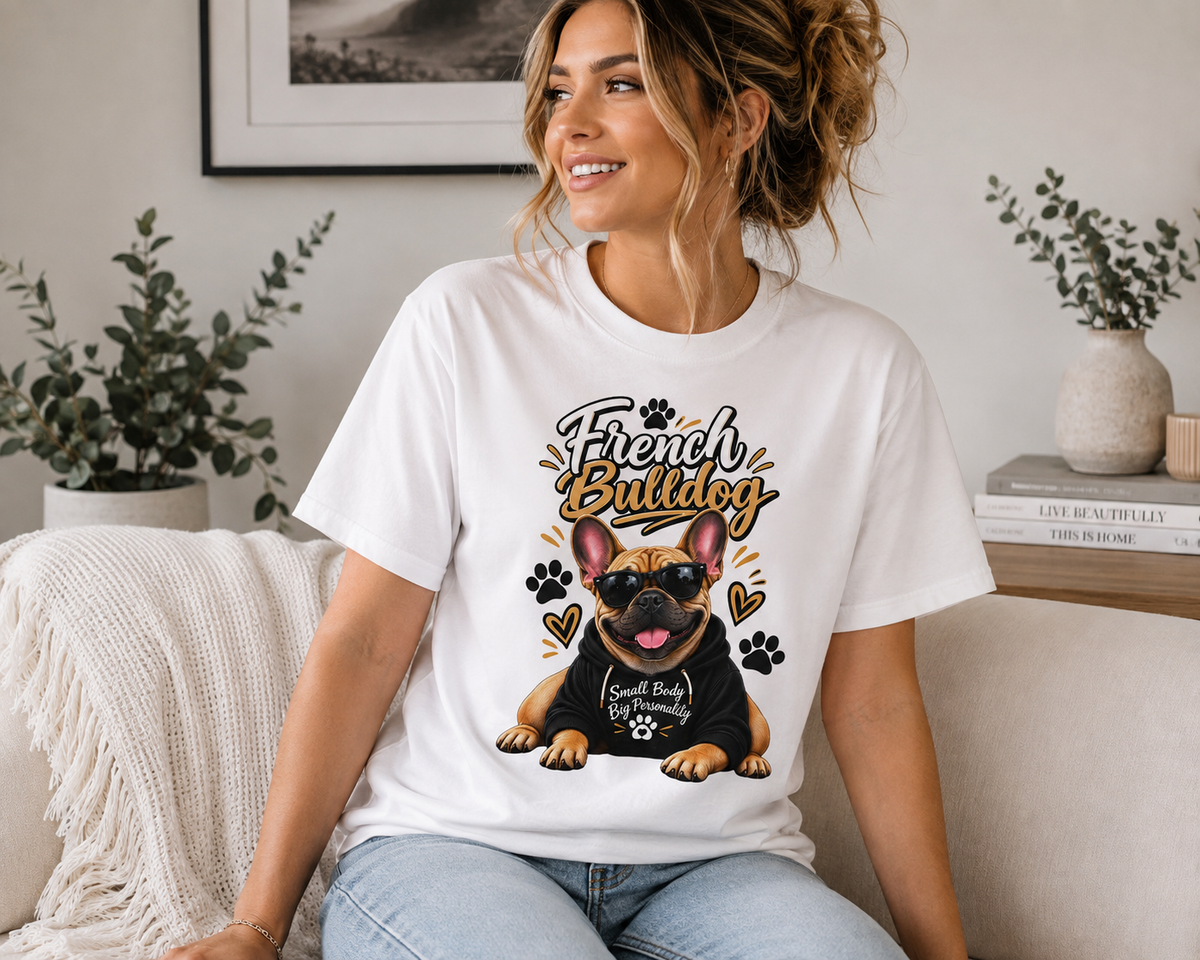 A woman sitting on a couch wearing a white graphic t-shirt with a French Bulldog design. The graphic features a cartoon French Bulldog wearing sunglasses with the text 'French Bulldog' and 'Small Body Great Big Tail' on the front.