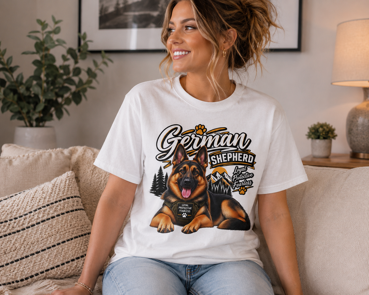 A woman sitting on a beige couch wearing a white graphic t-shirt with a German Shepherd illustration and the text 'German Shepherd'.