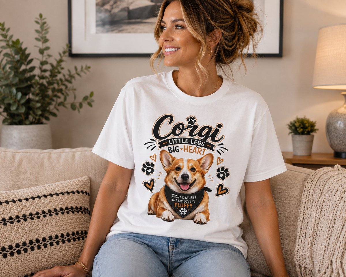 A woman sitting on a beige couch wearing a white graphic t-shirt with a corgi design and the text 'Corgi Little Legs Big Heart'.