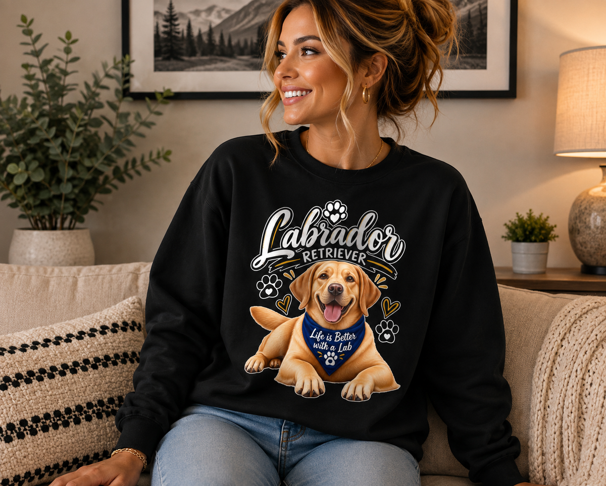 A woman sitting on a beige couch wearing a black crewneck sweatshirt with a graphic of a yellow Labrador retriever and the text 'Labrador RETRIEVER' and 'Life is Better with a Life'.