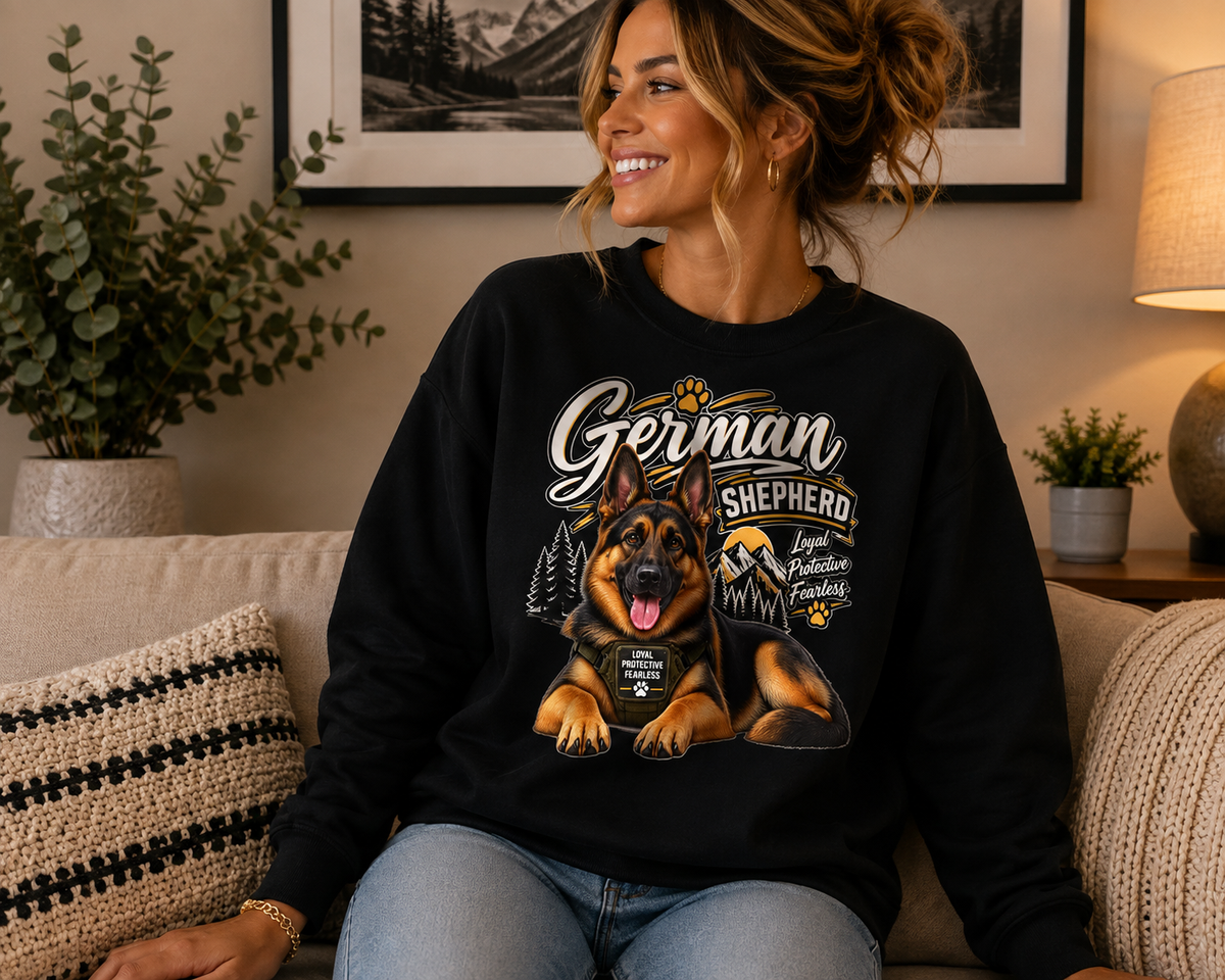 A woman sitting on a beige couch wearing a black crewneck sweatshirt with a graphic of a German Shepherd dog and the text 'German Shepherd'.