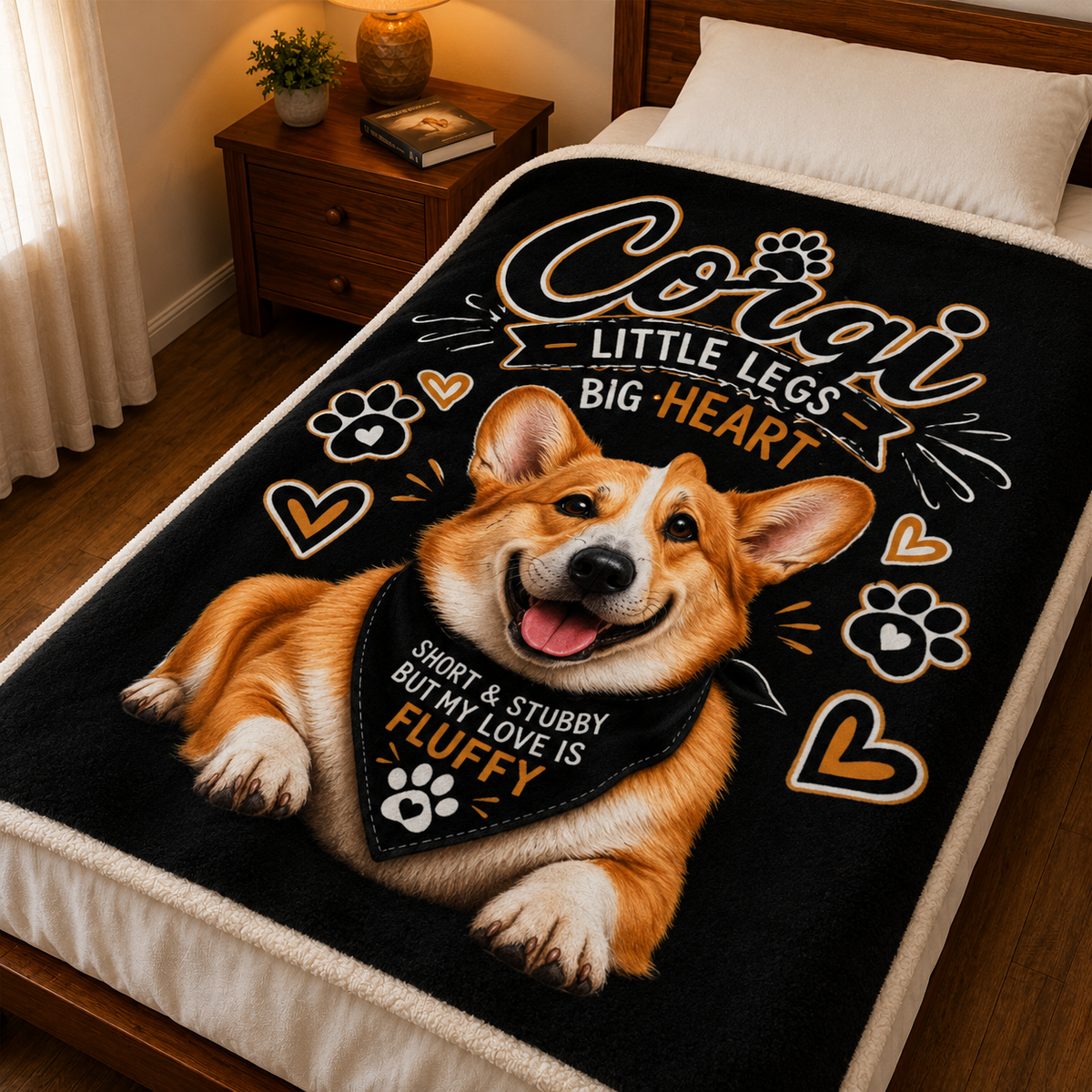 A black fleece blanket with a large printed corgi illustration and decorative text is spread across a bed in a bedroom. The design includes paw prints, hearts, and the phrases 'Corgi Little Legs Big Heart' and 'Short & Stubby But My Love Is Fluffy'.