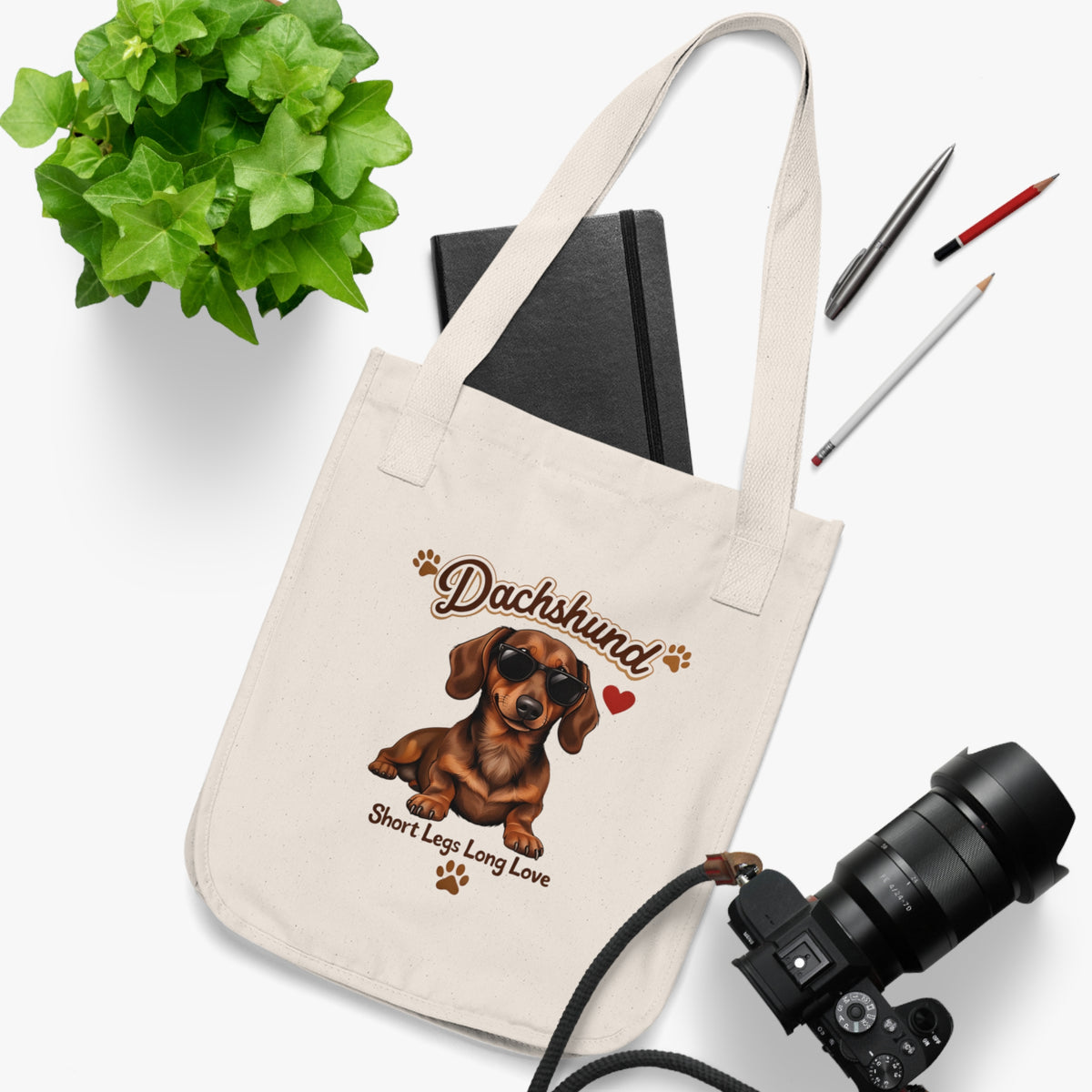 Dachshund Illustration Tote Bag | Short Legs Long Love, Dog Paw Artwork