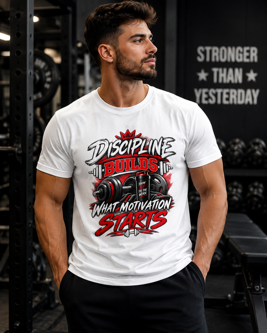 Discipline Builds What Motivation Starts Gym T-Shirt — Fitness Motivational Tee