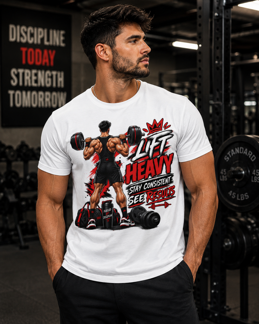 Lift Heavy Motivational Gym Tee — "Lift Heavy Stay Consistent See Results" Workout T-Shirt