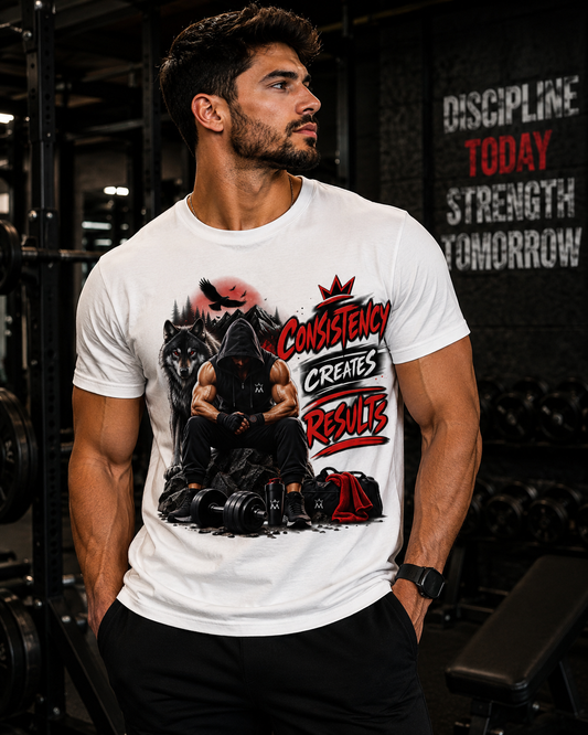 Motivational Gym T-Shirt — "Consistency Creates Results" Workout Tee