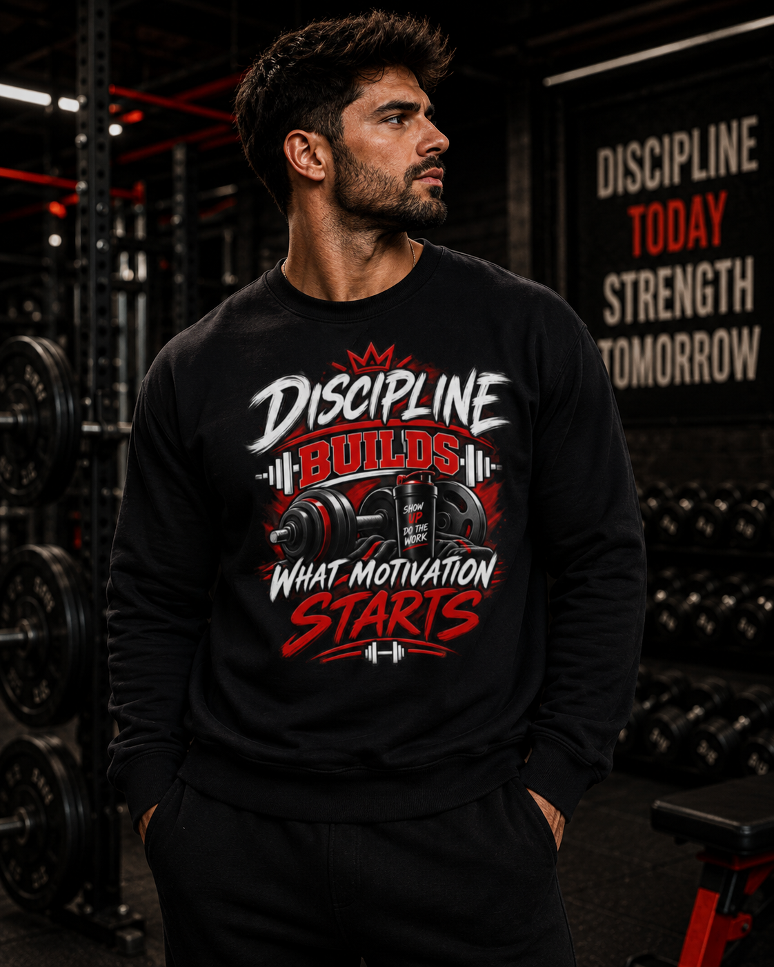Crewneck Sweatshirt — "Discipline Builds What Motivation Starts" Gym Motivational Pullover