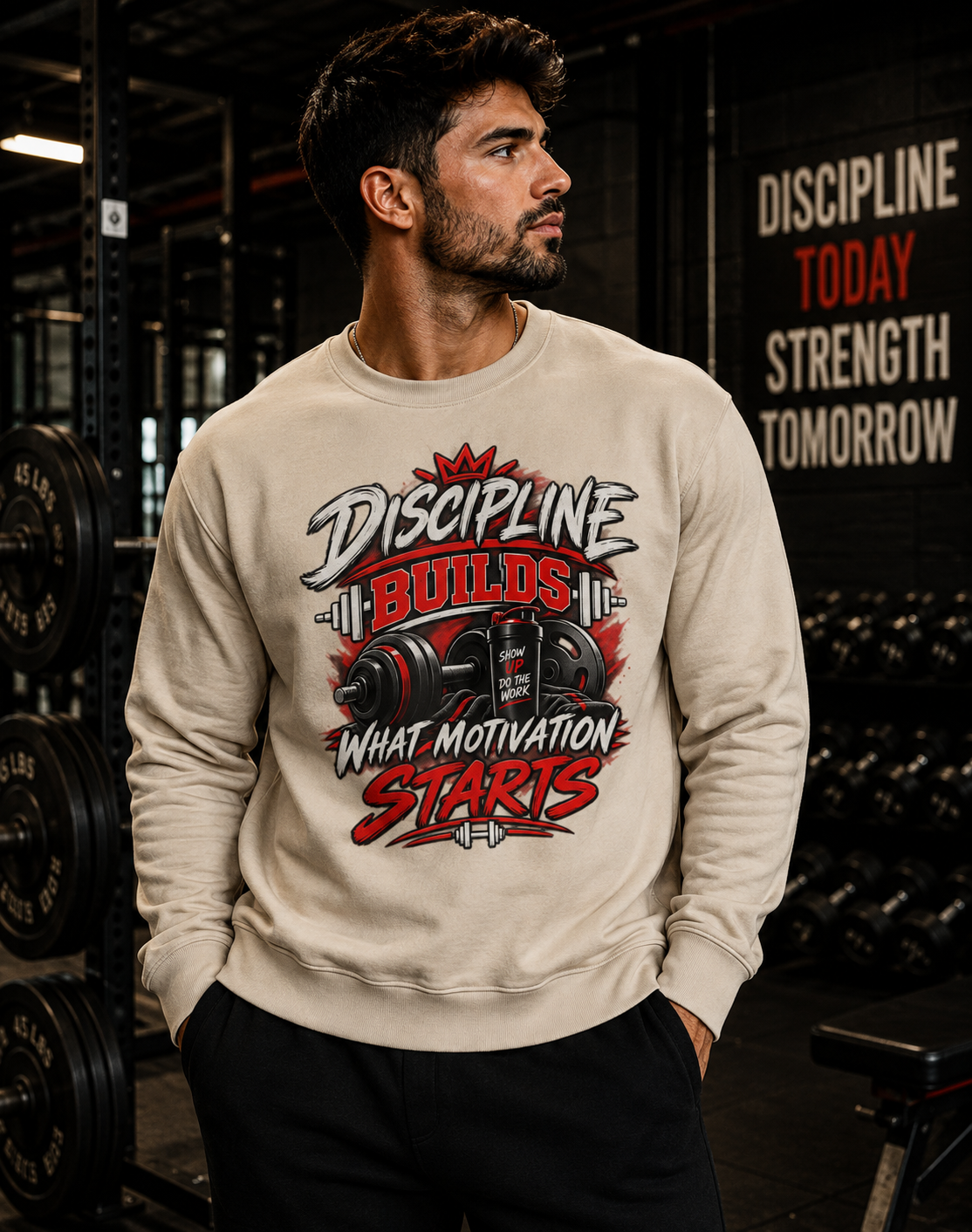 Crewneck Sweatshirt — "Discipline Builds What Motivation Starts" Gym Motivational Pullover