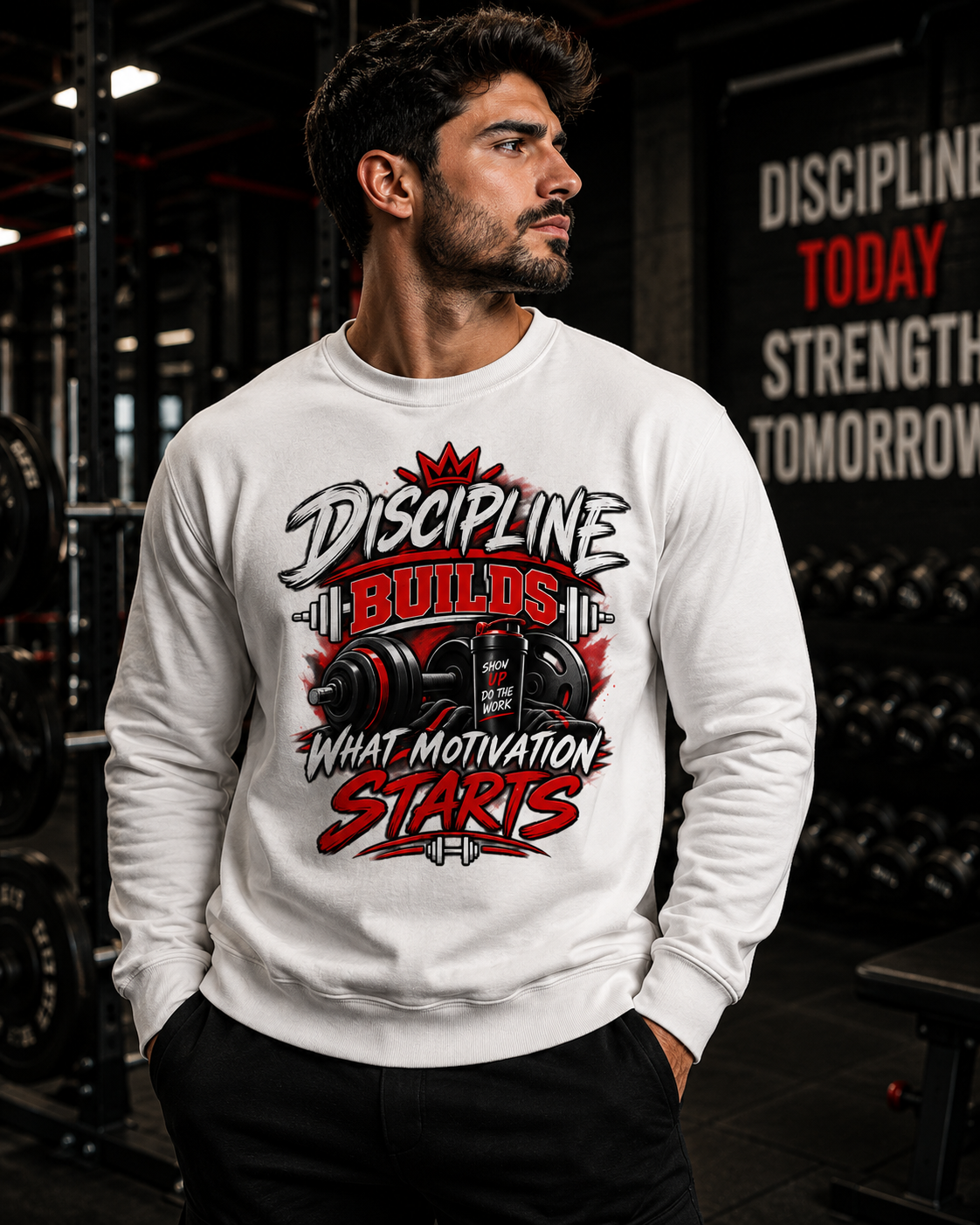 Crewneck Sweatshirt — "Discipline Builds What Motivation Starts" Gym Motivational Pullover