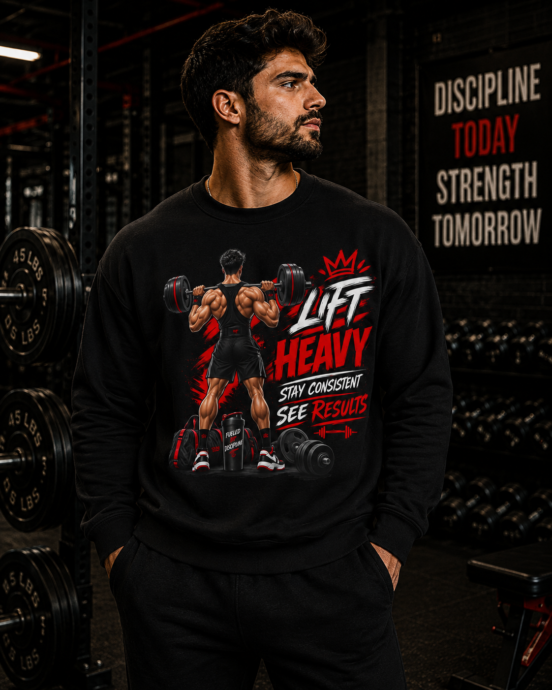 Weightlifting Sweatshirt – "Lift Heavy, Stay Consistent" Gym Crewneck