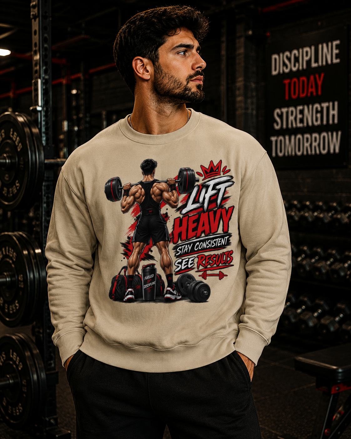 Weightlifting Sweatshirt – "Lift Heavy, Stay Consistent" Gym Crewneck