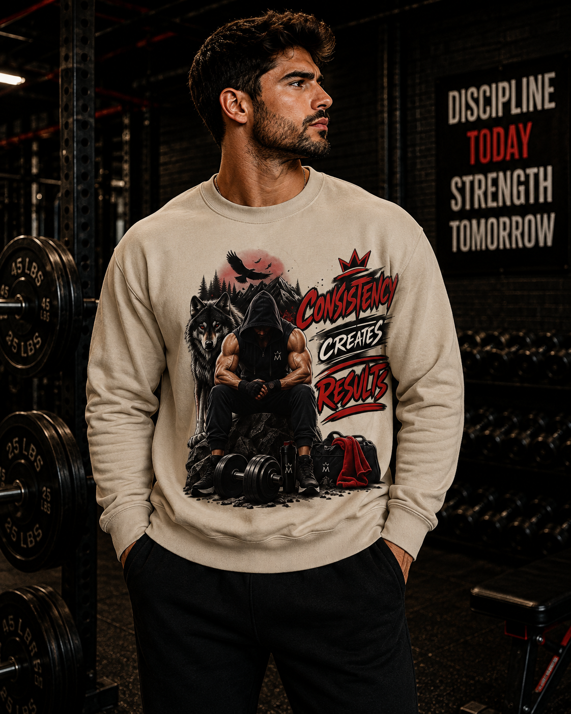 Workout Crewneck Sweatshirt - 'Consistency Creates Results' Fitness Graphic