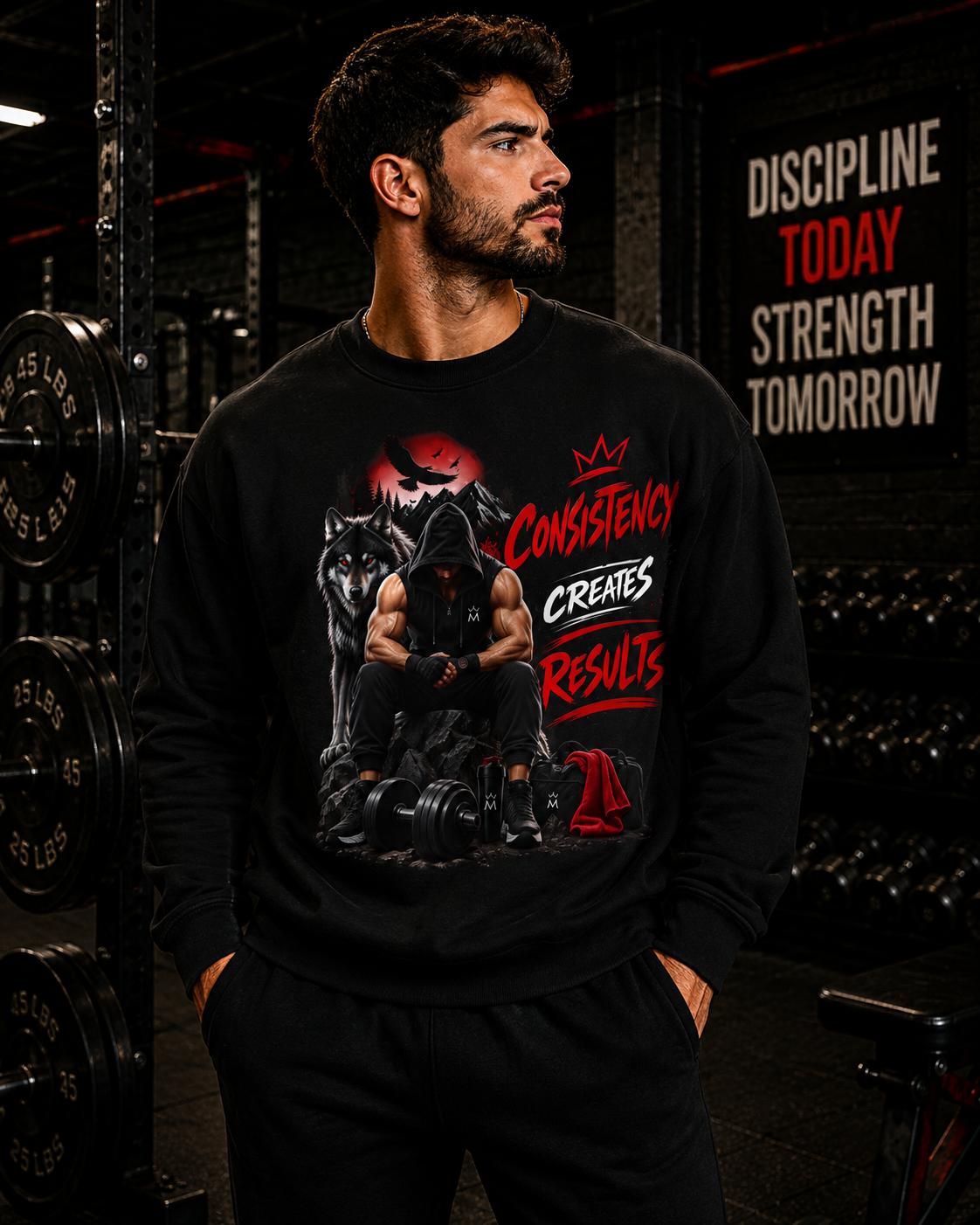 Workout Crewneck Sweatshirt - 'Consistency Creates Results' Fitness Graphic