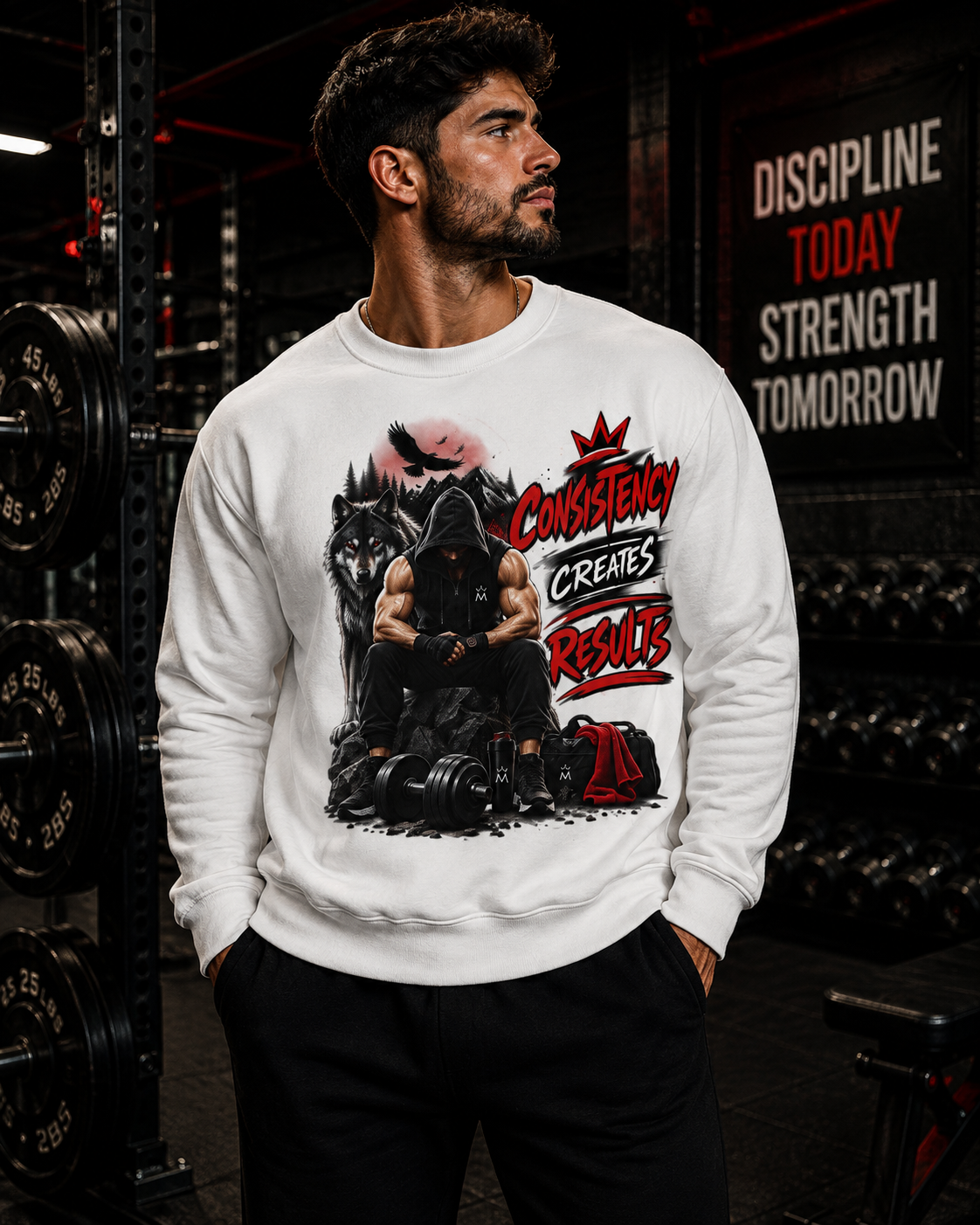 Workout Crewneck Sweatshirt - 'Consistency Creates Results' Fitness Graphic