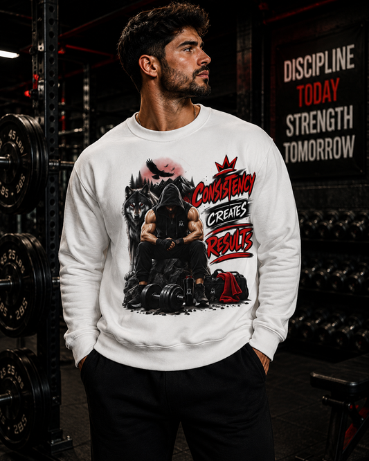 Workout Crewneck Sweatshirt - 'Consistency Creates Results' Fitness Graphic