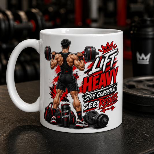 Lift Heavy Gym Mug – "Lift Heavy, Stay Consistent, See Results" Motivational Coffee Cup (11oz/15oz)