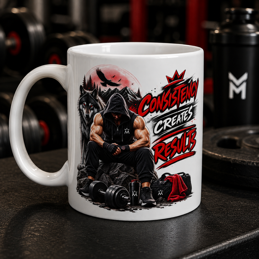 Motivational Gym Mug — "Consistency Creates Results" Fitness Coffee Cup (11oz/15oz)