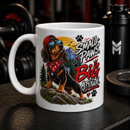 Ceramic Mug — "Small Paws, Big Attitude" Dachshund Coffee Mug (11oz/15oz)