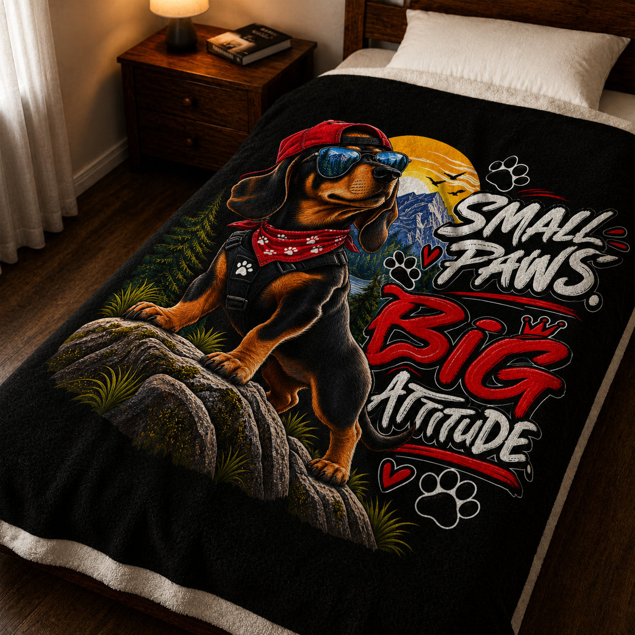 Velveteen Plush Blanket — "Small Paws Big Attitude" Dachshund Throw Blanket