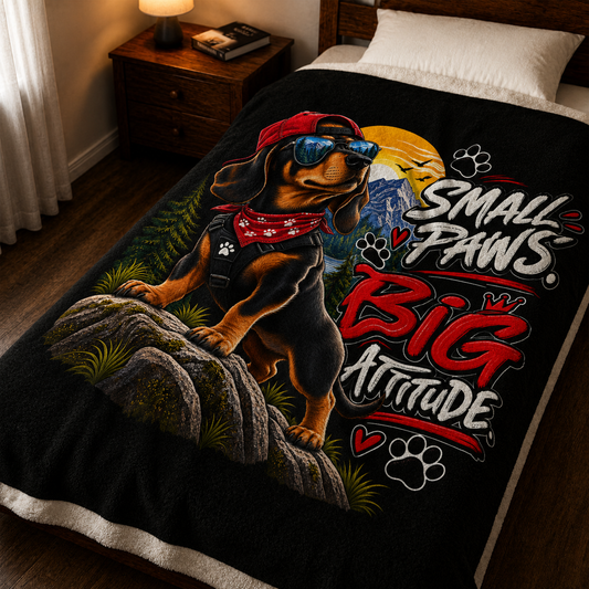 Velveteen Plush Blanket — "Small Paws Big Attitude" Dachshund Throw Blanket