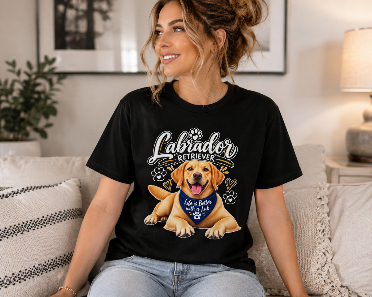 A woman sitting on a couch wearing a black graphic t-shirt with a Labrador Retriever illustration and the text 'Labrador Retriever' and 'Love is Better than a Dog'.