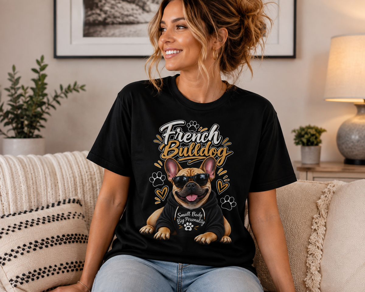 A woman sitting on a beige couch wearing a black graphic t-shirt with a French Bulldog design. The shirt features a cartoon French Bulldog wearing sunglasses and a smaller matching t-shirt, with the text 'French Bulldog' and 'Small Breed Champion' in gold and white lettering.