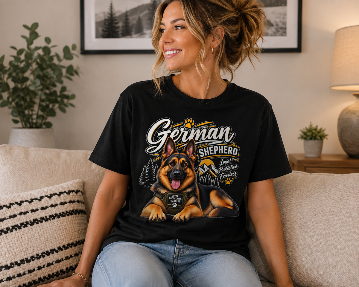 A woman sitting on a beige couch wearing a black graphic t-shirt with a German Shepherd illustration and the text 'German Shepherd'.