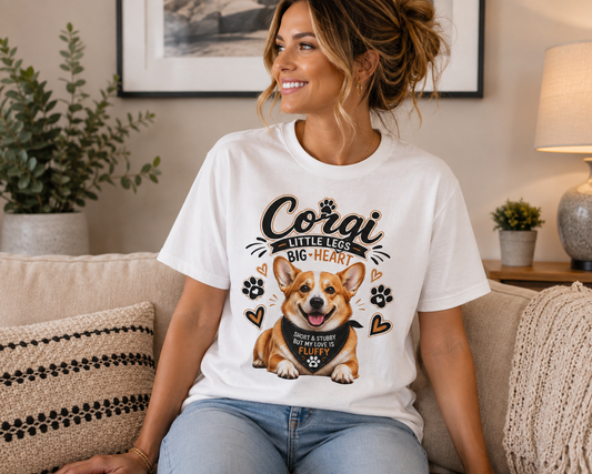 A woman sitting on a beige couch wearing a white graphic t-shirt with a corgi design and the text 'Corgi Little Legs Big Heart'.