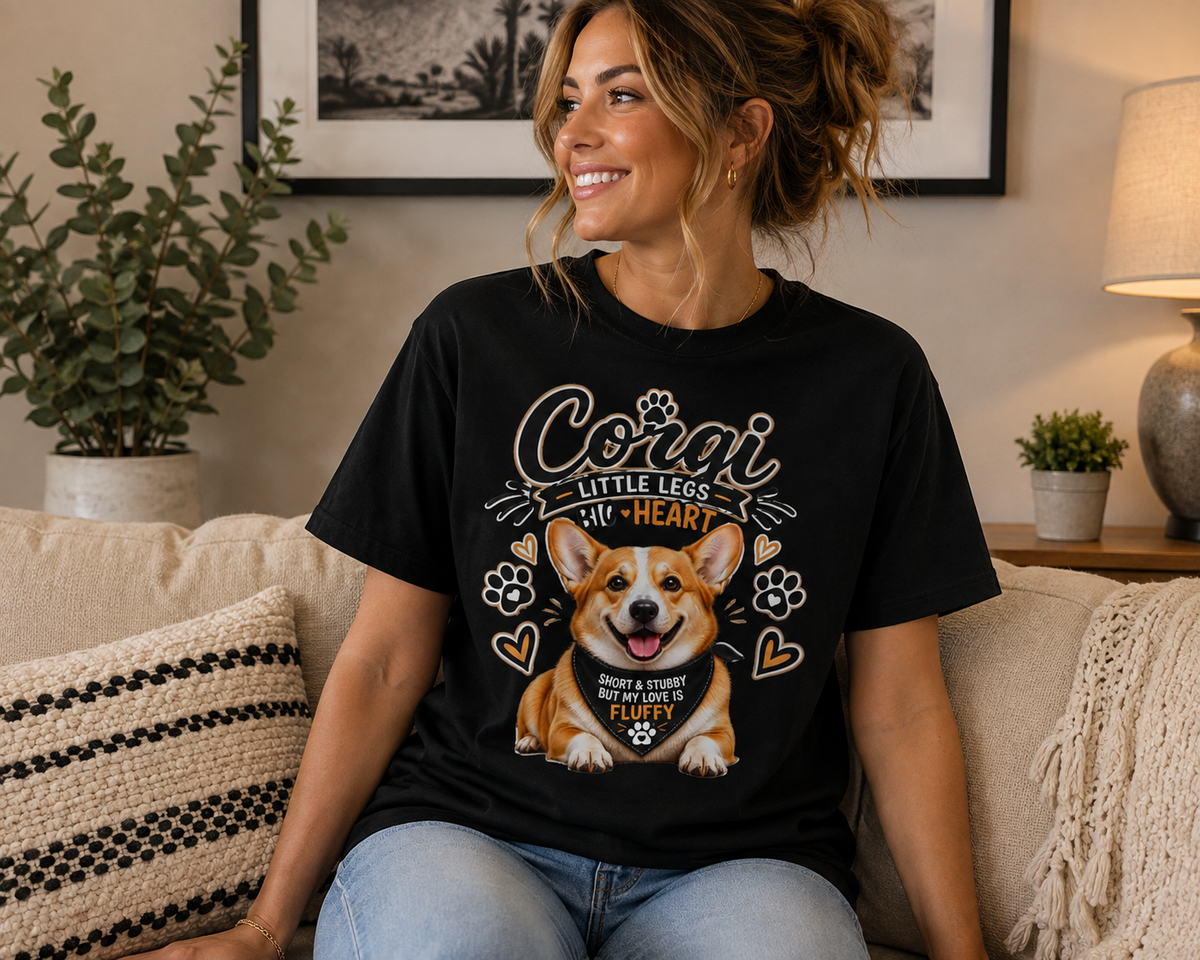 A woman sitting on a beige couch wearing a black graphic t-shirt with a Corgi-themed design. The shirt features a cartoon Corgi with the text 'Corgi LITTLE LEGS IT'S HEART' and 'BONNY'S TRAIOR IS VERY FUZZY' with paw prints and hearts.