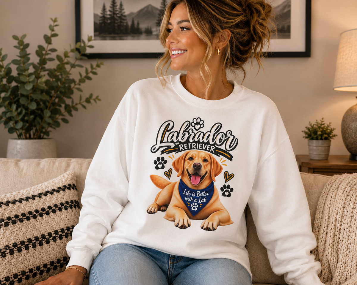 A woman sitting on a couch wearing a white crewneck sweatshirt with a colorful graphic of a Labrador Retriever and the text 'Labrador Retriever' and 'Make a Better Memory'.