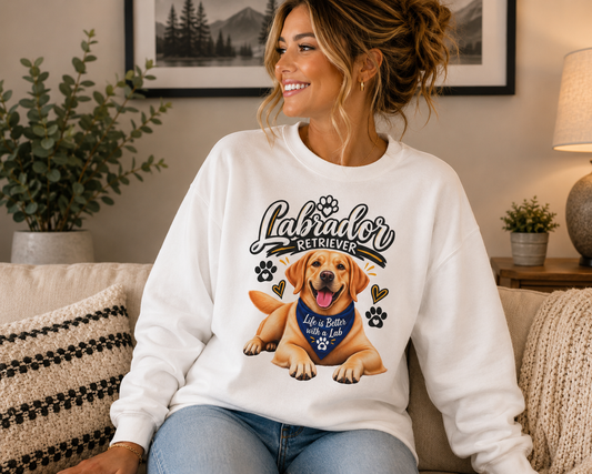 A woman sitting on a couch wearing a white crewneck sweatshirt with a colorful graphic of a Labrador Retriever and the text 'Labrador Retriever' and 'Make a Better Memory'.