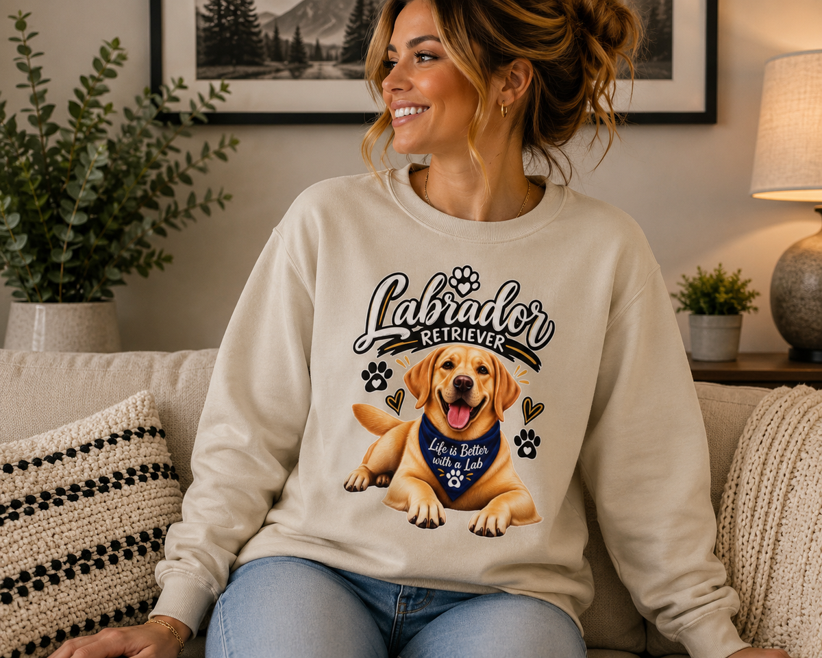 A woman sitting on a beige couch wearing a cream-colored crewneck sweatshirt with a graphic of a yellow Labrador retriever and the text 'Labrador RETRIEVER' on the front.