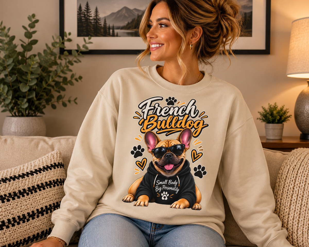 A woman sitting on a couch wearing a cream-colored sweatshirt with a colorful graphic of a French Bulldog wearing sunglasses and the text 'French Bulldog Small Body Big Personality'.