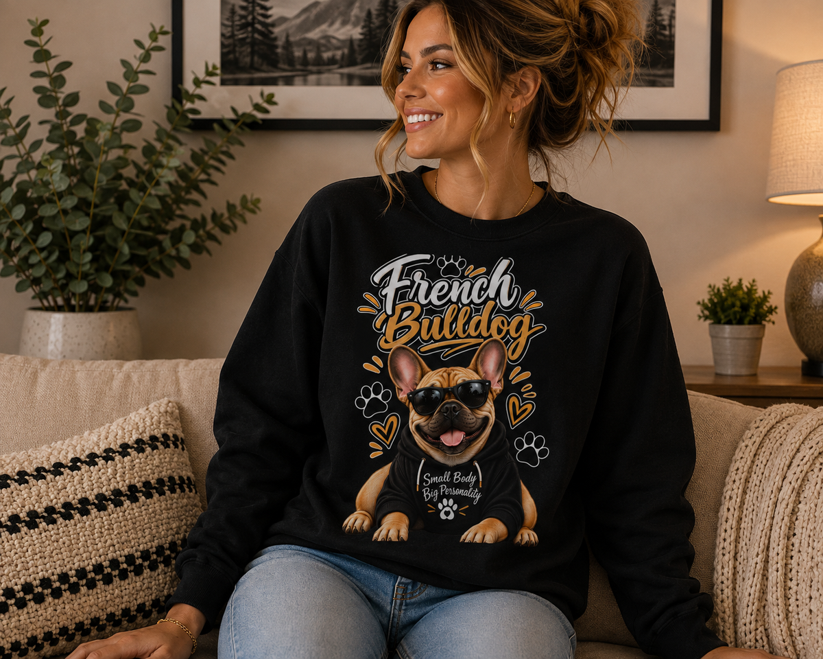 A woman sitting on a couch wearing a black crewneck sweatshirt with a graphic of a French Bulldog and the text 'French Bulldog Best Friend Forever'.
