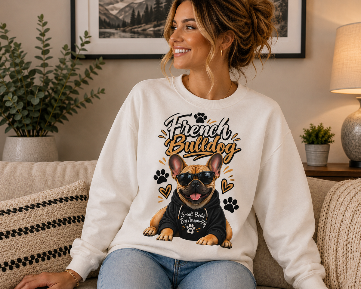 A woman sitting on a couch wearing a white crewneck sweatshirt with a graphic of a French Bulldog wearing sunglasses and the text 'French Bulldog' and 'Small Body Big Personality'.