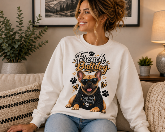 A woman sitting on a couch wearing a white crewneck sweatshirt with a graphic of a French Bulldog wearing sunglasses and the text 'French Bulldog' and 'Small Body Big Personality'.