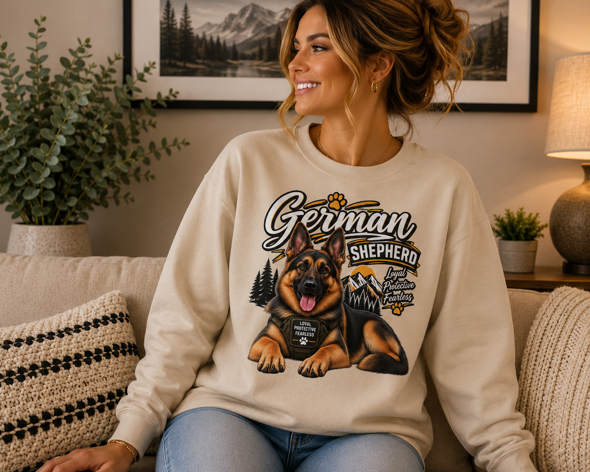 A woman sitting on a beige couch wearing a cream-colored sweatshirt with a graphic of a German Shepherd and the text 'German Shepherd'.