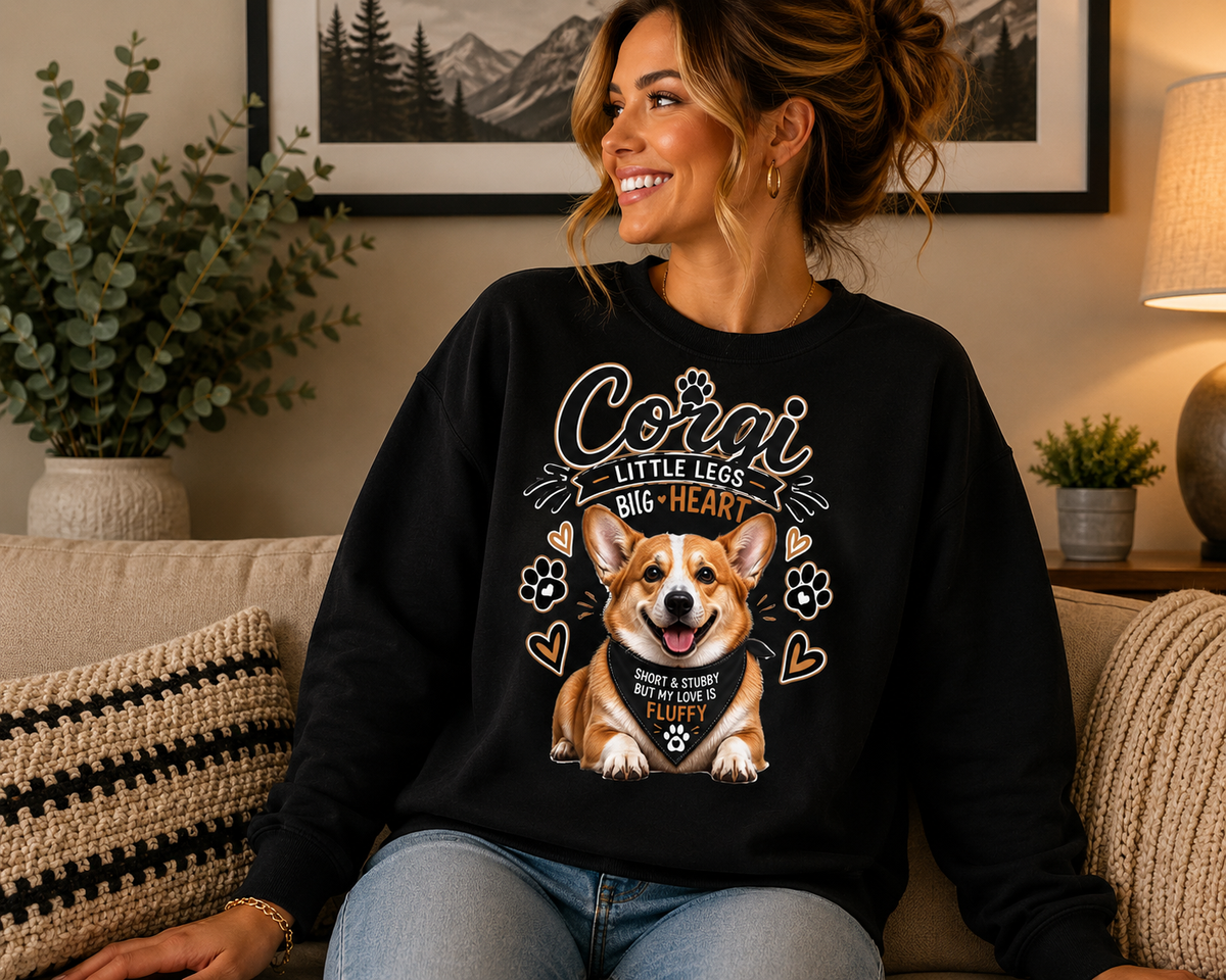 A woman sitting on a beige couch wearing a black crewneck sweatshirt with a graphic of a Corgi dog and the text 'Corgi LITTLE LEG BIG-HEART'.