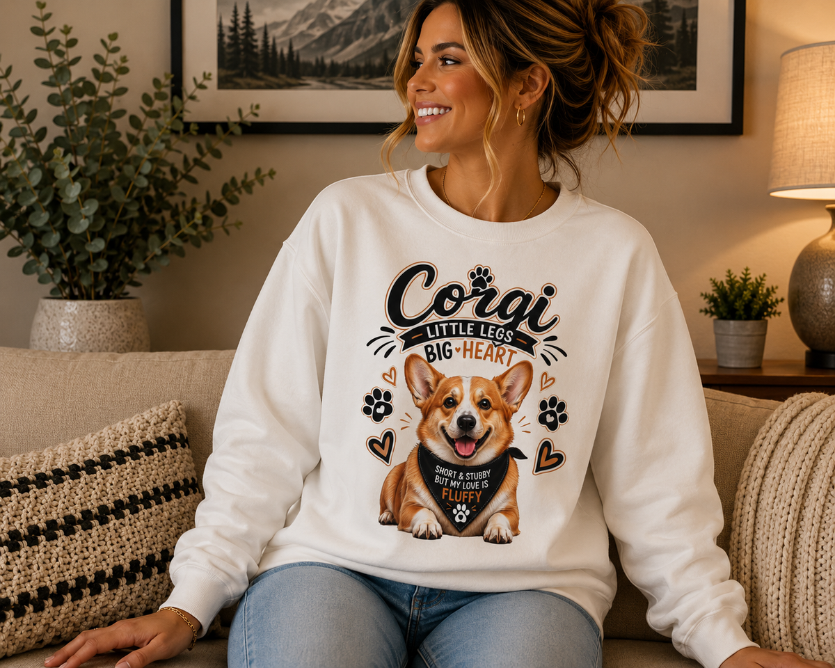 A woman sitting on a beige couch wearing a white crewneck sweatshirt with a graphic of a corgi and the text 'Corgi LITTLE LEAD BIG-HEART'.