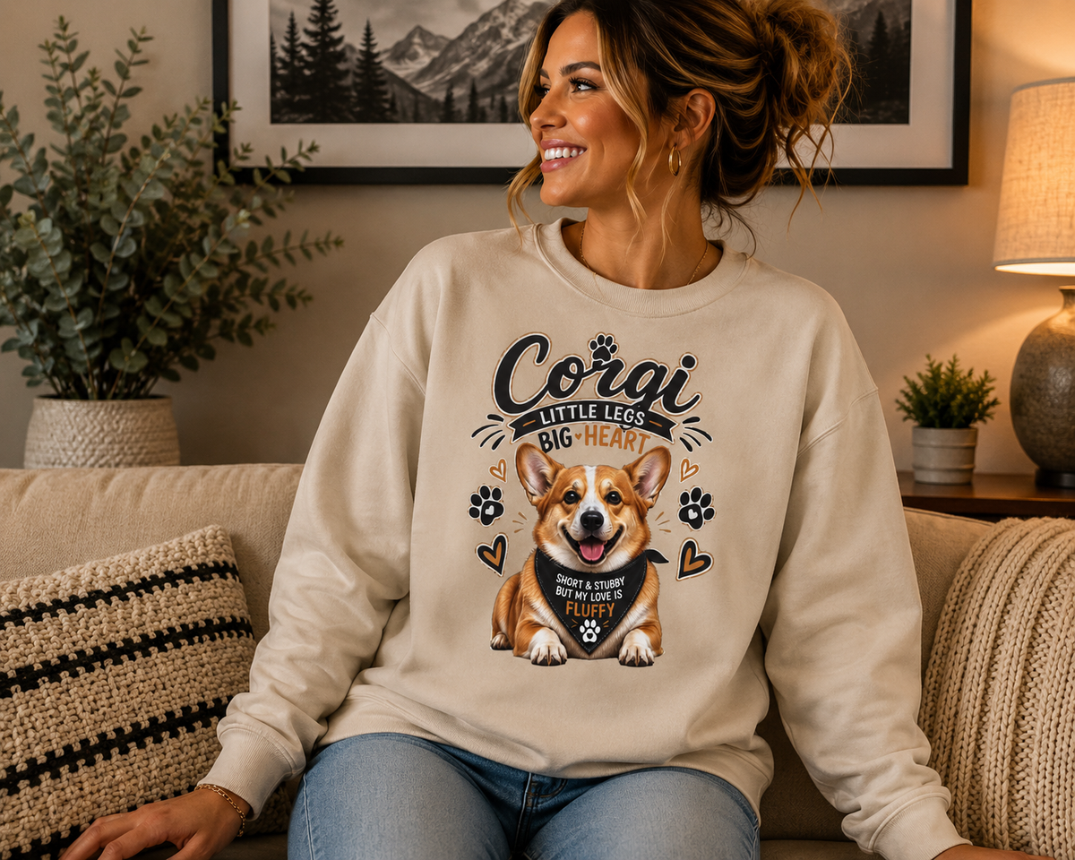 A woman sitting on a beige couch wearing a cream-colored sweatshirt with a graphic of a corgi and the text 'Corgi Little Legs Big Heart'.