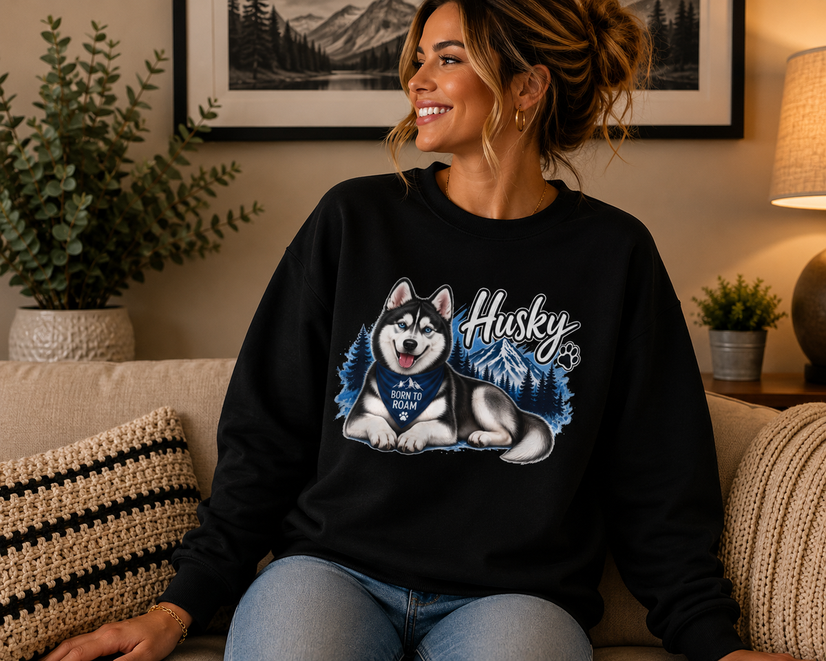 A woman sitting on a couch wearing a black crewneck sweatshirt with a graphic of a husky dog and the text 'Husky Love'.