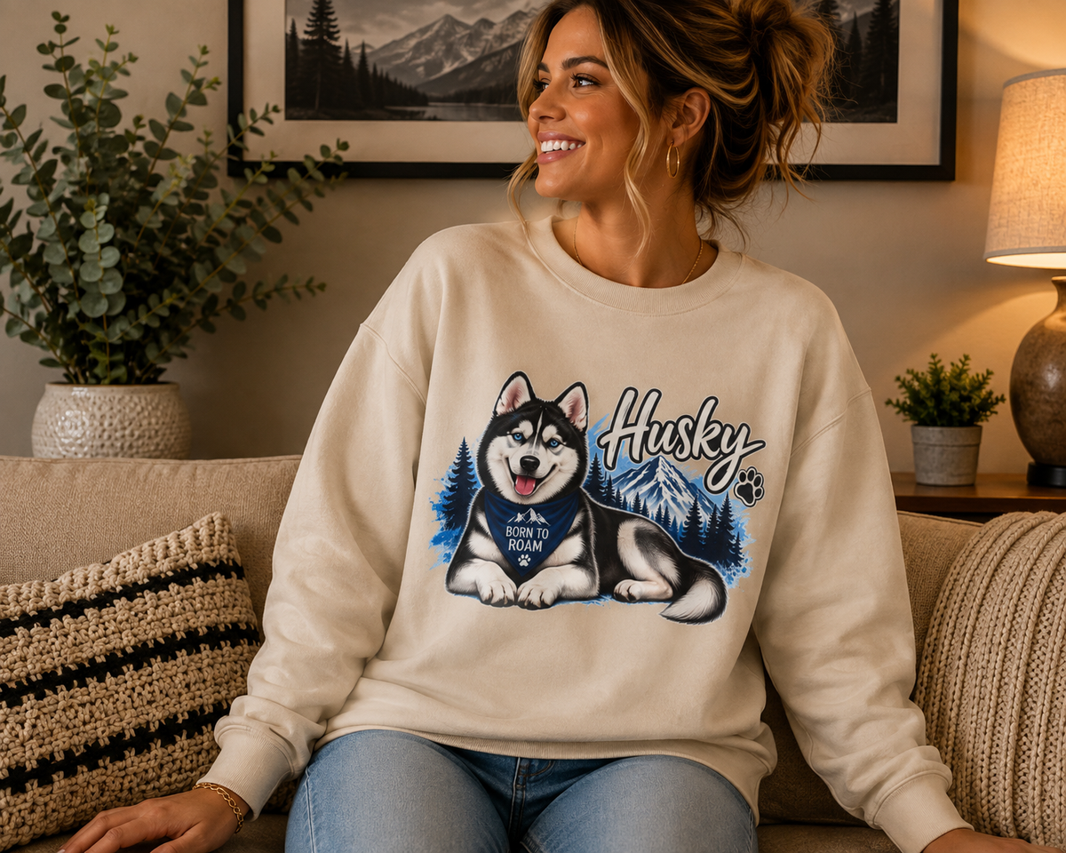 A woman sitting on a couch wearing a cream-colored sweatshirt with a graphic of a husky dog and the word 'Husky' on the front, paired with blue jeans in a cozy living room setting.
