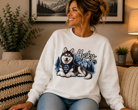 A woman sitting on a beige couch wearing a white crewneck sweatshirt with a graphic of a husky dog and the word 'Husky' in blue and black. The background shows a cozy living room setting with a framed picture, plants, and a lamp.