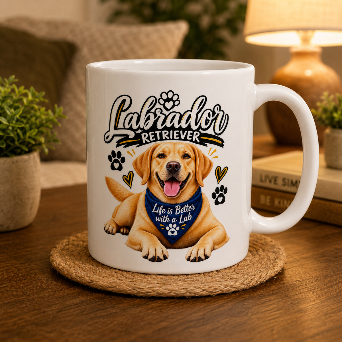 A white ceramic mug with a custom graphic of a yellow Labrador retriever wearing a blue bandana that reads 'Life is Better with a Lab'. The mug is placed on a woven coaster on a wooden table, with a cozy living room background featuring a lamp, books, and plants.