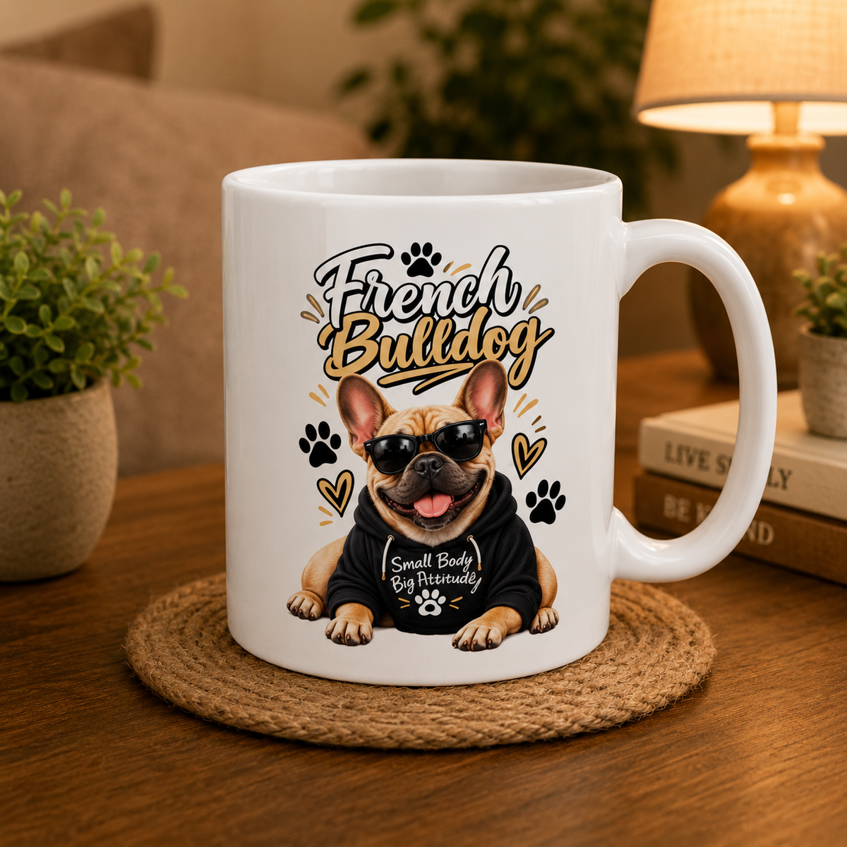 A white ceramic coffee mug with a French Bulldog graphic, displayed on a woven coaster on a wooden table in a cozy living room setting.