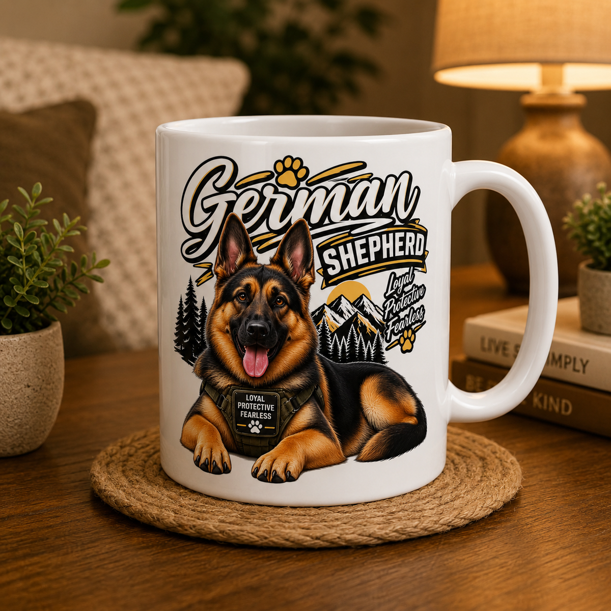 A white ceramic mug with a German Shepherd graphic, displayed on a woven coaster on a wooden table in a cozy, warmly lit room setting.