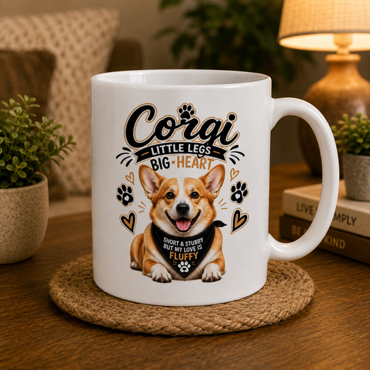 A white ceramic mug with a printed illustration of a corgi and the text 'Corgi LITTLE LEGS BIG-HEART' sits on a woven coaster on a wooden table in a cozy indoor setting with plants and a lamp in the background.