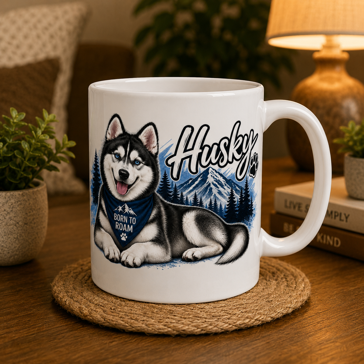 A white ceramic mug with a printed illustration of a husky dog, mountains, pine trees, and the word 'Husky' in script, placed on a woven coaster on a wooden table with a lamp and plants in the background.